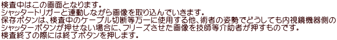 検査中はこの画面となります。 シャッタートリガーと連動しながら画像を取り込んでいきます。 保存ボタンは、検査中のケーブル切断等万一に使用する他、術者の姿勢でどうしても内視鏡機器側の シャッターボタンが押せない場合に、フリーズさせた画像を技師等介助者が押すものです。 検査終了の際には終了ボタンを押します。